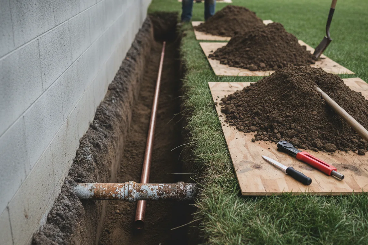 Excavated water line trench during Water Softener Installation in Aguanga